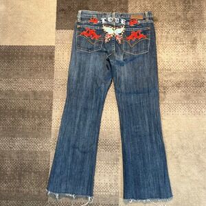 Vigoss Premium USA Jeans Women 7/8 Blue Embellished Raw Hem Bootcut Y2K 29X27